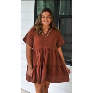 Entro Mini Dress 1X Mocha Brown Tiered V Neck Boho Tunic Beachy Chic Babydoll